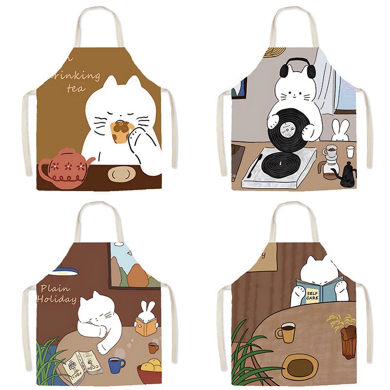 مريلة مطبوعة بتصميم قطة بيضاء  - مراجعة Home Cooking Cafe وسعره